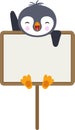 Cute penguin waving hanging a blank signboard Royalty Free Stock Photo