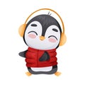 Cute penguin wearing earmuffs and red sweater. Adorable funny baby bird cartoon character. New year and Christmas design