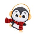 Cute penguin wearing earmuffs and scarf enjoying ice skating. Adorable funny baby bird cartoon character. New year and