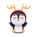 Cute penguin wearing reindeer headband. Adorable funny baby bird cartoon character. New year and Christmas design vector