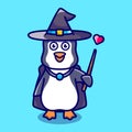 cute penguin wizard with hat, cloak, love and wand
