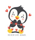 Cute penguin wrapped with red hearts cartoon drawing, Kawaii Valentine animal character illustration, playful hand drawn festive