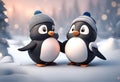 cute penguins couple on Winter Landscape Generative AI