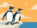 Cute penguins. Family of arctic birds look into the distance against the sky with clouds and seagull. Colorful vector