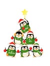 Cute penguins form a Christmas tree shape - funny Christmas greeting card - isolated on transparent background