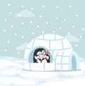 Cute Penguins happy hug baby with Igloo ice house in winter Royalty Free Stock Photo
