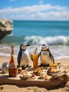Cute Penguins Having Fun in the Sun and picnik on the beach Royalty Free Stock Photo