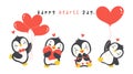 Cute penguins with heart cartoon drawing, Kawaii Valentine animal character illustration banner