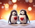 Cute penguins holding a heart selective focus.