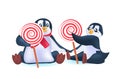 cute penguins holding lollipops antarctic birds eating sweetmeats