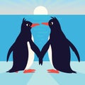 Cute penguins in love. Family of birds holding their wings and looking at each other. Colorful vector illustration in Royalty Free Stock Photo