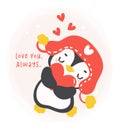 Cute penguins Valentine with heart cartoon drawing, Kawaii love animal character illustration