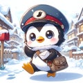 A cute penguon mail carrier in the uniform, in a snowy village street, cartoon style, digital anime art, animal creatures