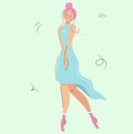 Cute pensive girl with pink hair. Beautiful modest woman ballerina or fairy on a gentle green background. Vector