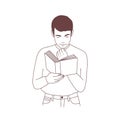 Cute pensive young man reading book or preparing for examination. Portrait of male student or literature reader hand