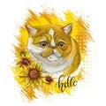 Cute persian cat in flowers hand drawn vector illustration