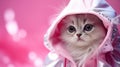 Cute persian kitten in pink raincoat on pink background