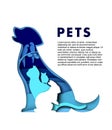 Cute pet animals silhouettes, vector paper art illustration. Dog, cat, rabbit, hamster, parrots. Pets poster template. Royalty Free Stock Photo