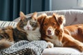 cute pet cat and dog sleeping peacefully together on the sofa at home Royalty Free Stock Photo