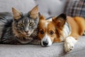 cute pet cat and dog sleeping peacefully together on the sofa at home Royalty Free Stock Photo