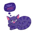 Cute pet cat is dreams of a fish. Flat design style