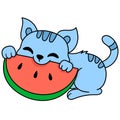 Cute pet cat eating watermelon fruit, doodle kawaii. doodle icon image