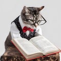 Cute pet cat with eyeglasses and opened book. AI generated