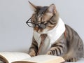 Cute pet cat with eyeglasses and opened book. AI generated