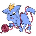 Cute pet cat is playing with twisted twine, doodle icon image kawaii