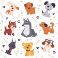 Seamless pattern design with cute little dog characters, paw trace and bones isolated on white background. Royalty Free Stock Photo