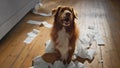 Cute pet misbehave home close up. Naughty dog unrolling chewing toilet paper
