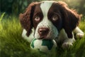 Cute pet puppy dog with head on ball in garden on grass