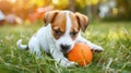 Cute pet puppy playing with ball in the yard on the grass