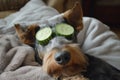 Funny airedale terrier dog spa, laying in bed and relaxing, cucumber slices on eyes Royalty Free Stock Photo