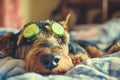 Funny airedale terrier dog spa, laying in bed and relaxing, cucumber slices on eyes Royalty Free Stock Photo