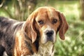 Cute pet on sunny day. Dog with long ears on summer outdoor. Beagle walk on fresh air. Companion or friend and