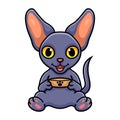 Cute peterbald cat cartoon holding food bowl