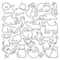 Cute pets in line art icons set. Contemporary animals drawing. Small puppy, kittens and parrot