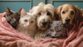 Cute pets playing together, looking at camera with alertness generated by AI