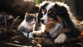 Cute pets playing together, a puppy and a fluffy kitten generated by AI Royalty Free Stock Photo
