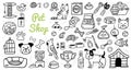 Cute pets stuff and supply icons set in doodle style.