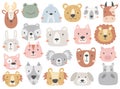 Cute pets, wild forest and zoo animals faces cartoon heads isolated set vector illustration Royalty Free Stock Photo