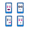 Cute phone cartoon characters with amazed expressions, falling in love, cool wearing sunglasses, flirting, perverted.