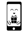 A cute phone icon with present. Black and white