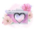 Cute photo camera with beautiful flowers around