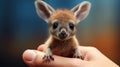 Cute Photorealistic Small Kangaroo Sitting In Hand On Blue Background