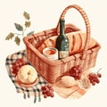 Cute picknick basket, clip art on white background, Generative AI