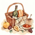 Cute picknick basket, clip art on white background, Generative AI