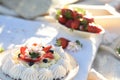 Cute picnic in the spring garden. delicate dessert with meringue and cream