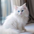 Cute picture of white cat with blue eyes and big tail, A cat as white as snow Royalty Free Stock Photo